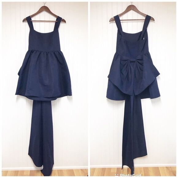 SACHIN + BABI Blaine Taffeta Square Neck Bow Train Mini Dress BHLDN Navy New 4 - Picture 2 of 12